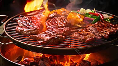 A mouthwatering close up of a grill sizzling with perfectly cooked meat and an assortment of fresh vegetables, The sizzle and