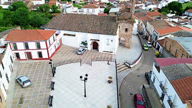 Aerial view Spain Square and the Parish Church of Saint Anne in the Santa Ana Valley