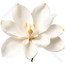 White magnolia large waxy petals creamy hue central cluster of stamens Magnolia grandiflora. Flowers isolated on