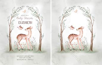Woodland cartoon Animals watercolor illustration template. Pre made frame for baby shower, birthday invitation kids baby deer, fox