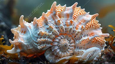 Turban seashell resting on rocky ocean floor surrounded by colorful marine life