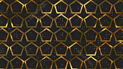 Gold pentagons grid pattern on black background. 4k animation