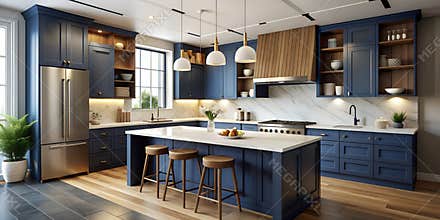 Modern kitchen with navy blue cabinets white marble countertop and wood accents AI-Generated Content