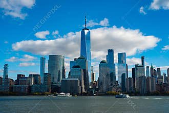 NYC, NY. New York City Skyline with Urban Skyscrapers USA. Lower Manhattan and One World Trade Center in New York City