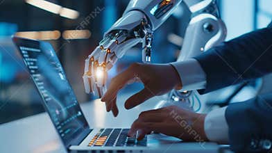 Human and robotic hand working together on a laptop. Collaboration between AI and humans