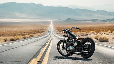 Vintage motorcycle on open desert highway, mountains in background, adventure and freedom concept