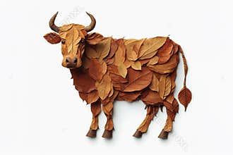 Autumn craft for kid: cow made of leaf isolated on white, animal clip art collage made of dry dead leaves, fall DIY