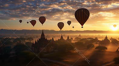 Breathtaking Sunrise Over Ancient City of Bagan with Hot Air Balloons