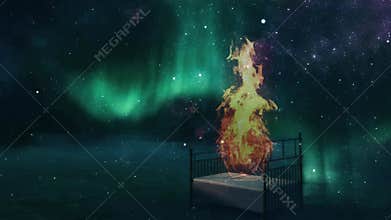 Bed in surreal night sky