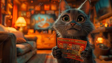 Animated Cat Holding Scratch Off Lottery Ticket in Living Room