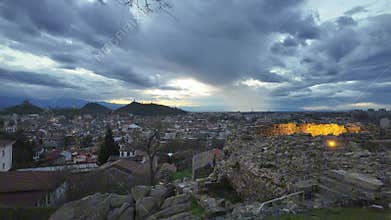 Sunset cityscape of Plovdiv city from Nebet Tepe hill, Bulgaria