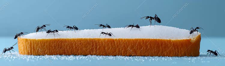 Swarming insects over decorated pastry. Tiny ants crawling on glossy frosted cake surface