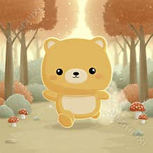 A forest scene features a cute cartoon bear walking past mushrooms and a butterfly
