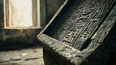 Mysterious ancient stone artifact with weathered hieroglyphic carvings inside a dimly lit historical chamber