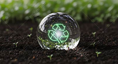 Recycling symbol on glass ball on soil with green seedlings growing