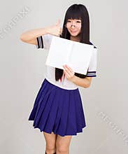 Asian girl student in school uniform with Open book