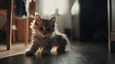 Adorable fluffy kitten explores sunlit wooden floor in a cozy home environment