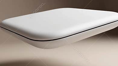 Floating White Minimalist Wireless Charging Pad with Rounded Corners Hovering Over a Soft Beige Studio Surface