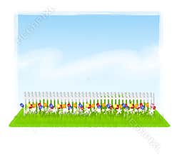 Row of Tulips Sky White Fence