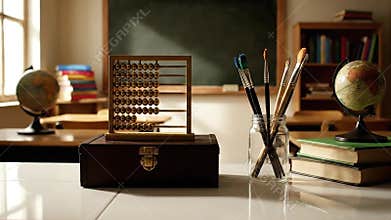 Classroom Scene with Abacus Globe and School Supplies with Chalkboard and Student Desks with Books Still Life Setup with Warm