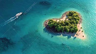 Boat approaches heart shaped island in turquoise ocean water at daytime