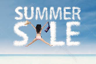 Summer sale clouds with excited woman jumping