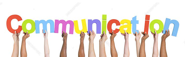 Multi-Ethnic Arms Raised Holding Word Communication