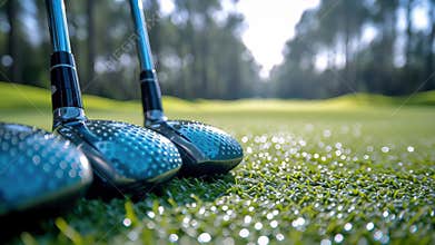 Golf clubs resting on the green at a sunlit course surrounded by trees during early morning