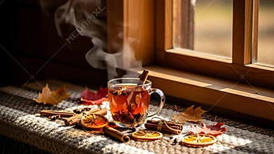 Steaming Hot Autumnal Tea With Cinnamon Sticks Oranges And Star Anise By A Sunlit Window With Maple Leaves And Cozy Texture