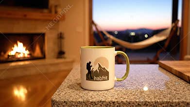 Cozy Mountain Cabin Scene at Dusk with a Scenic Mug and Crackling Fireplace Warm Ambiance