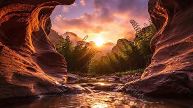 Majestic Canyon View at Sunset with Stream Reflecting Golden Light Lush Greenery Contrasting Rugged Rock Formations Under Sky