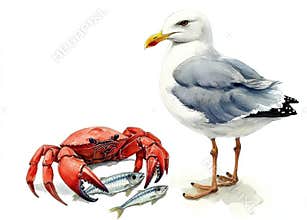 A hand-painted set of watercolor illustrations showcasing a blue crab, fish, and seagull in a marine theme, all on a white