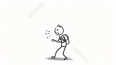 Animated Stick Figure with Backpack Sneezing on White Background Expressing Allergy Symptoms, Cold and Health Issue with Clear
