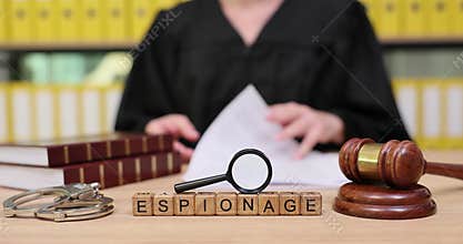 Uncovering secrets in a courtroom as a judge prepares documents on espionage