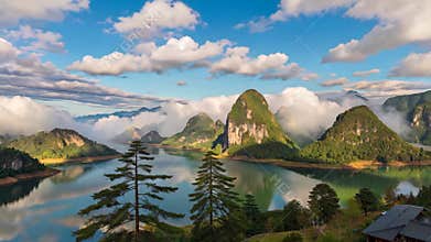 Panoramic natural scenery of mountains, rivers and lakes, Generative AI