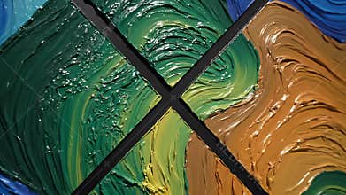 Abstract waveforms unfolding on a stained glass window, mesmerizingly capturing the essence of movement and harmony in a