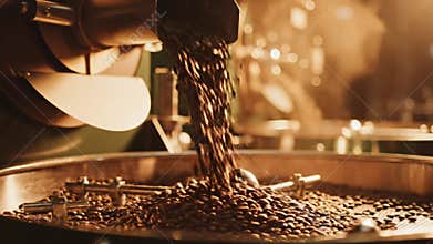 Cinematic Warm Tone Coffee Roasting Process in Factory with Beans Falling into Collection Tray