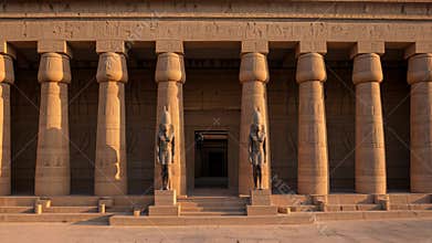 Ancient Egyptian temple with massive carved columns and hieroglyphics at sunset by water. Historic sandstone monument featuring