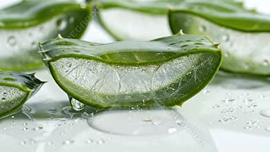 Close up of fresh aloe vera slices with water droplets on a clean white surface highlighting natural hydration and soothing