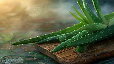 Fresh aloe vera leaves on wooden tray