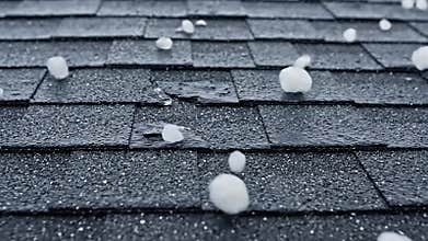 Close up view of large hailstones falling and bouncing on asphalt roof shingles during a severe weather storm, causing damage