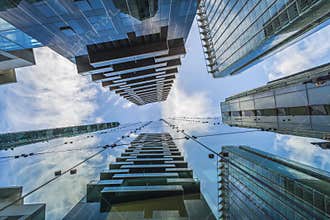 Upward view of modern skyscrapers in the City of London