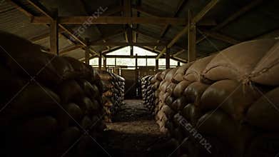 Interior view of brown burlap sacks full of dried coffee beans at local warehouse storage facility ready for