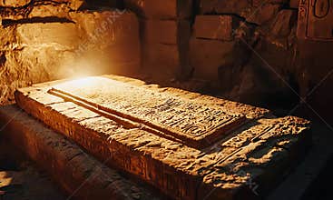 Ancient Sarcophagus Illuminated by Mysterious Glowing Light in a Hidden Stone Tomb Chamber
