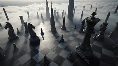 Giant chess pieces in futuristic city above clouds strategy concept