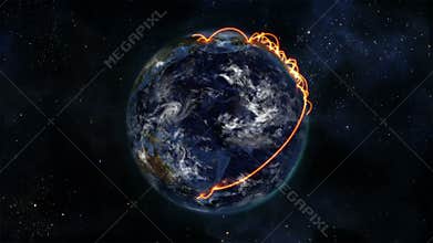Earth turning on itself with moving clouds and orange connections with Earth image courtesy of Nasa.