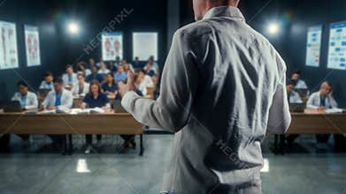 Healthcare Professional Addresses Aspiring Doctors In Lecture Hall With Visual Aids And Focused Lighting