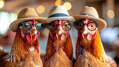 Three chickens wearing hats and glasses posing for a portrait in a barn
