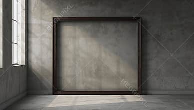 Large Empty Frame Stands Against a Wall in a Bright Room With Sunlight Shining Through the Window