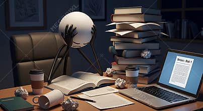 Stressed Stickman with Head in Hands at Overwhelmed Desk with Books and Laptop Illustration